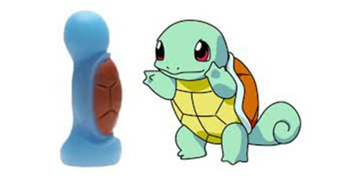 ‘Squirty’ que representa a Squirtle, es más redondo y ancho, además de tener una caparazón con una textura rugosa