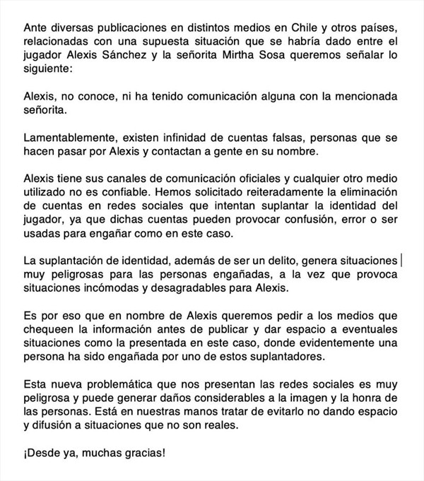 Alexis Sánchez comunicado