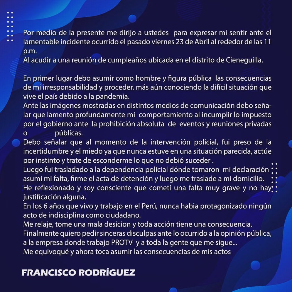 Declaración de Pancho Rodríguez. (Fuente: Instagram - @panchitor_) 