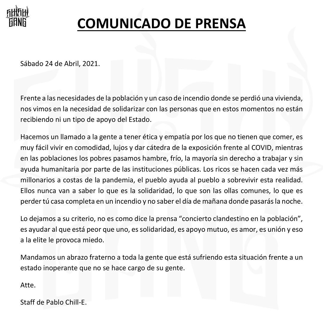 Comunicado de Pablo Chill-E (fuente: Instagram - @shishibosspaulito)