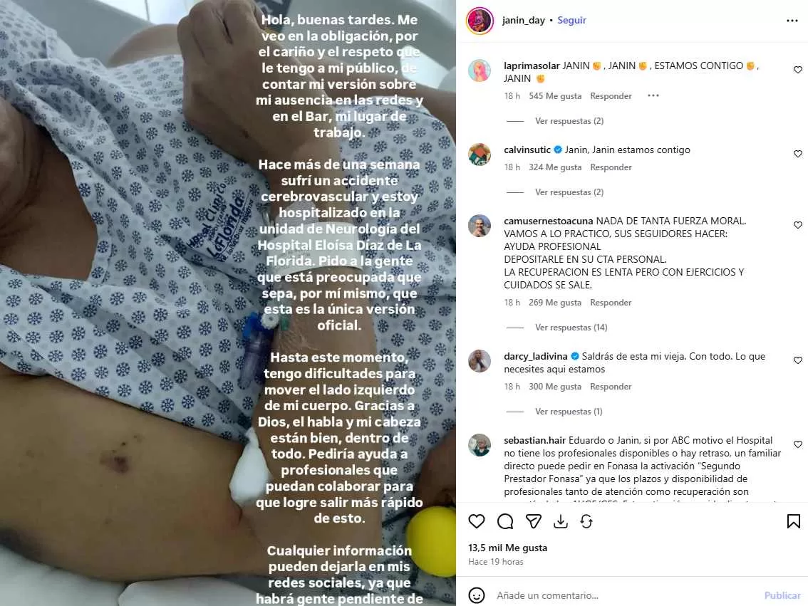 Janin Day Sufre ACV , Post Instagram
